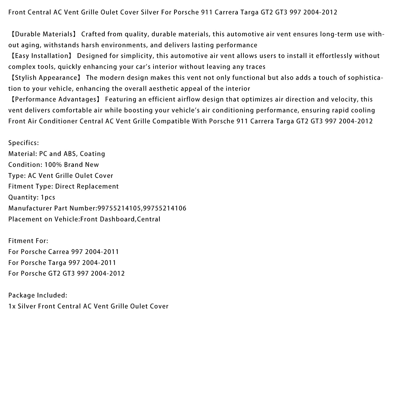 Central AC Vent Cover Silver For Porsche 911 Carrera Targa GT2 GT3 997 2004-2012