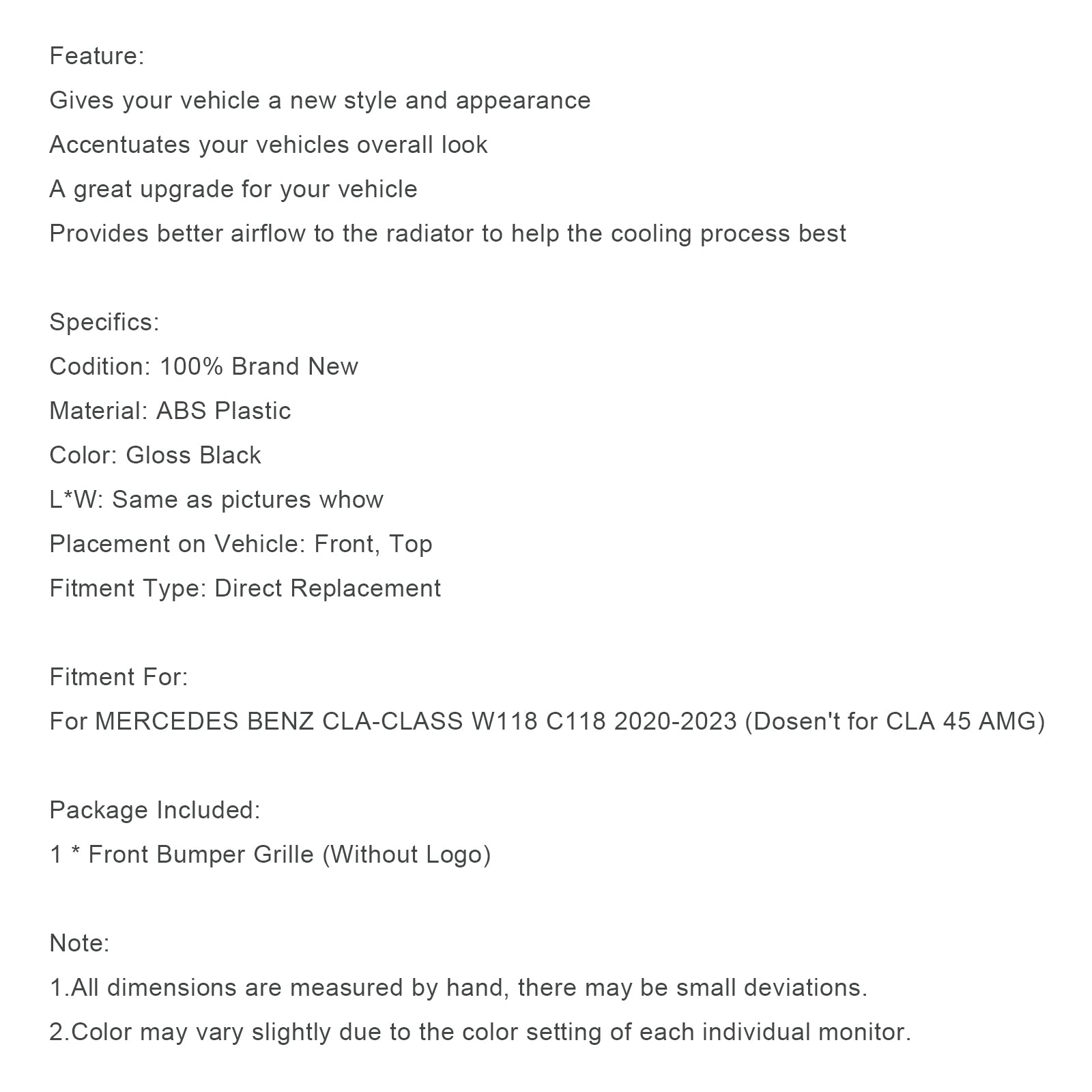 2020 2021 2022 2023 CLASE W118 Parrilla de parachoques delantera negra para MERCEDES BENZ C11