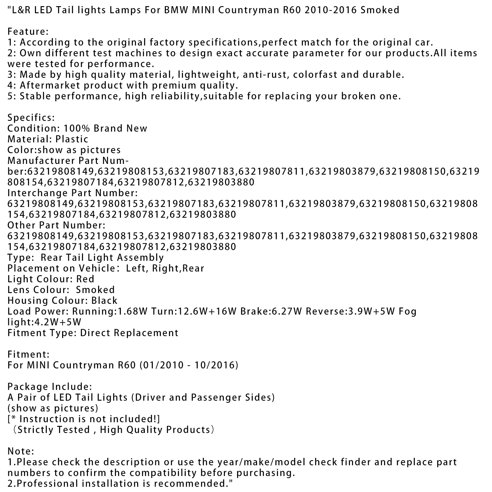 L&Zadné svetlá R LED pre BMW MINI Countryman R60 2010-2016, dymové