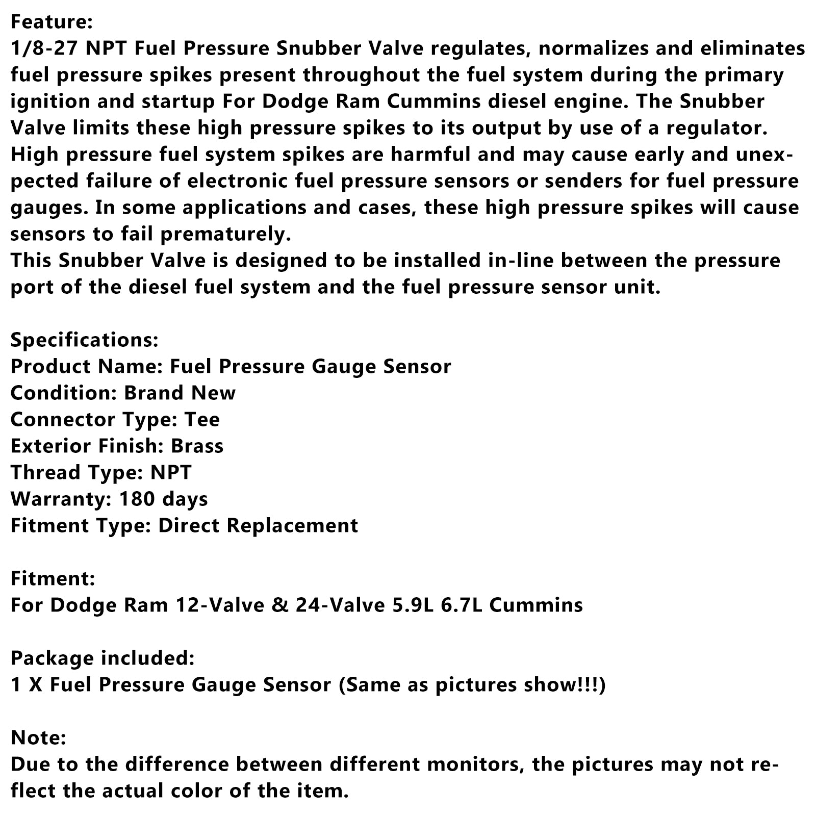 Dodge Ram 12-Valve 24-Valve 5.9L 6.7L Diesel Fuel Pressure Gauge Sensor