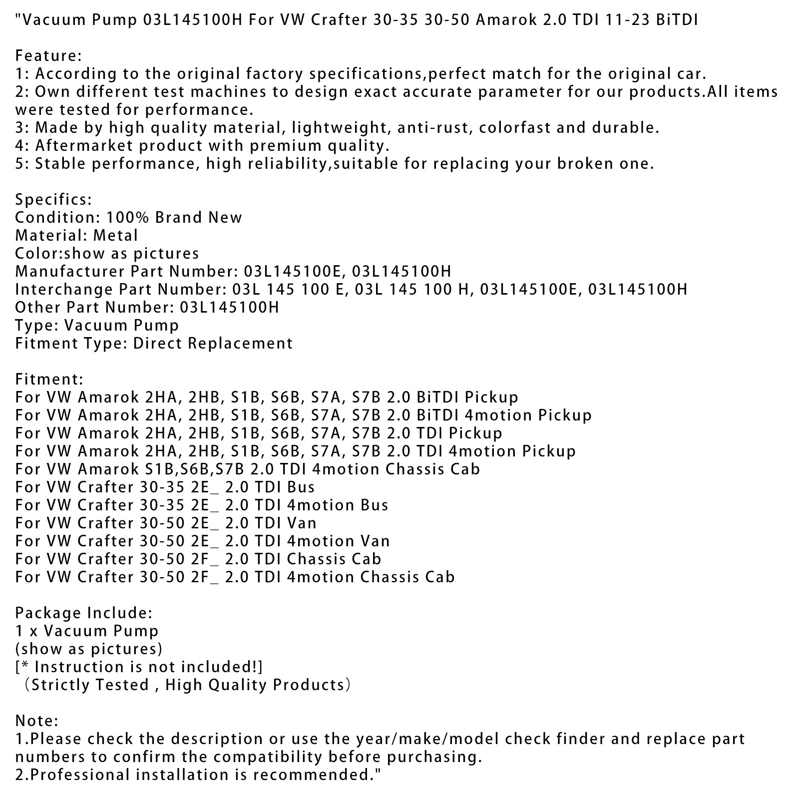 VW Amarok 2HA, 2HB, S1B, S6B, S7A, S7B 2.0 TDI pick-upvacuümpomp 03L145100H 03L145100E