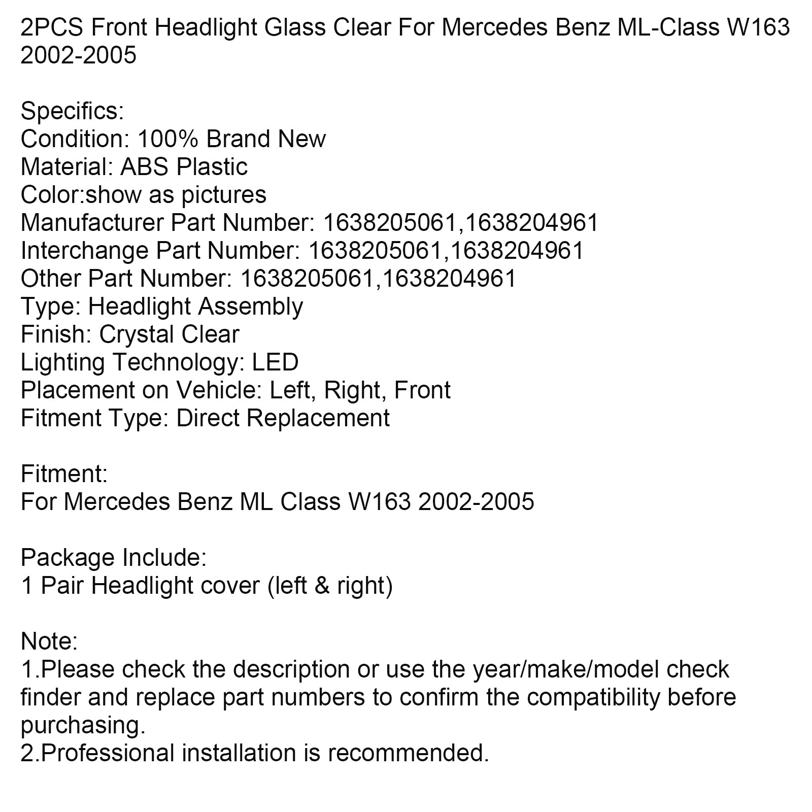 2002–2005 Mercedes-Benz ML-Klasse W163 2 stk. frontlyktglass klart