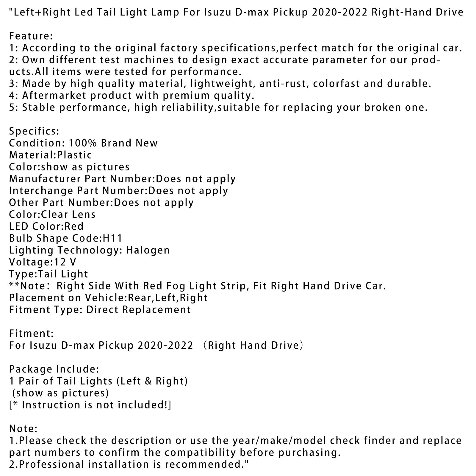2020-2022 Pick-up Isuzu D-MAX RHD L + R LAMPE DE LED LED