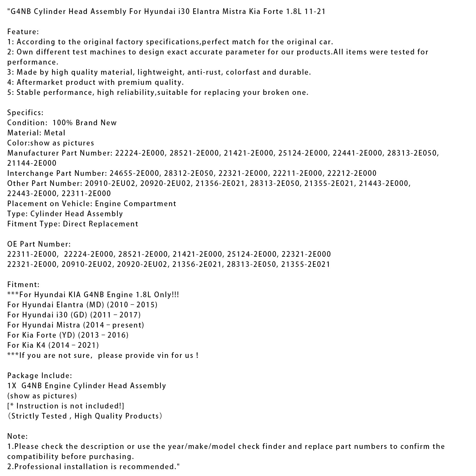 G4NB Cylinder Head Assembly For Hyundai i30 Elantra Mistra Kia Forte 1.8L 2011-2021