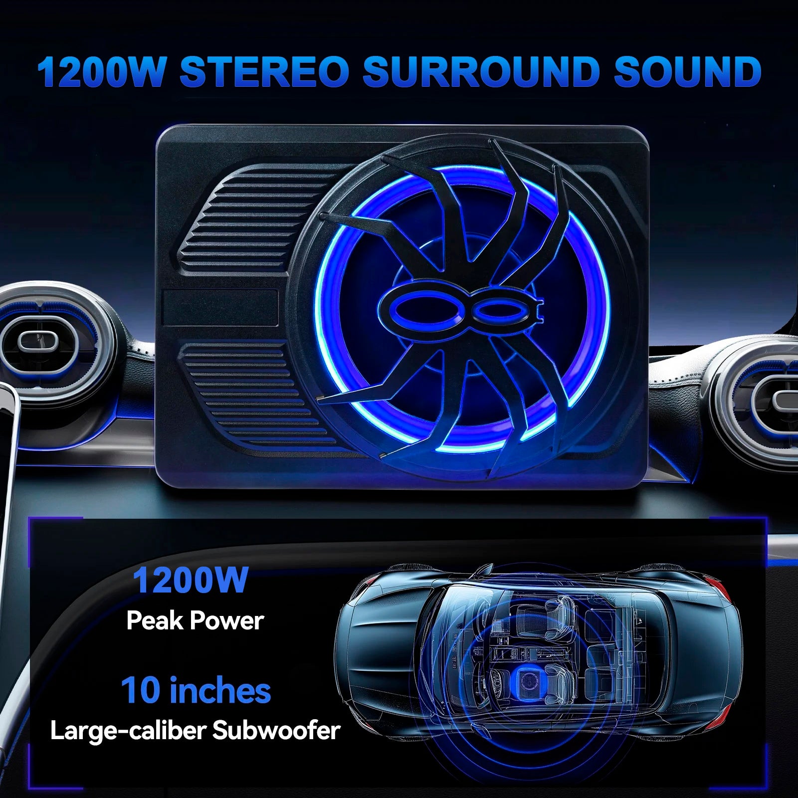1200W Car Subwoofer 10" 12V Slim Under Seat Powered Car Subwoofer for Car Truck
