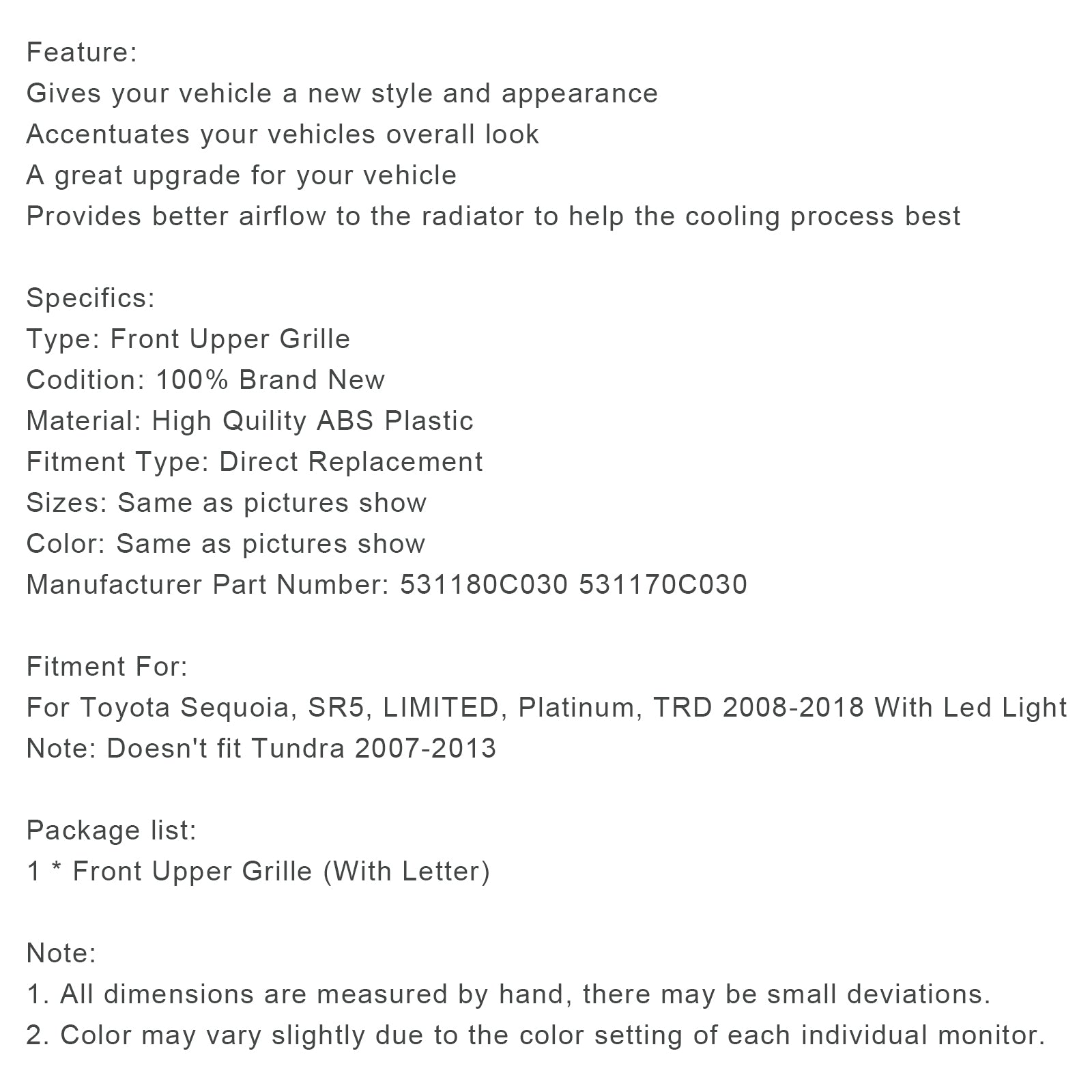 Matte Black Front Bumper Grill Grille Fit Toyota Sequoia 2008-2018 With Led