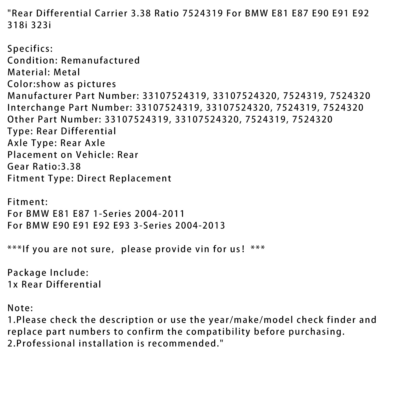 2004-2013 BMW E90 E91 E92 E93 3-Series Rear Differential Carrier 3.38 Ratio 33107524319 33107524320
