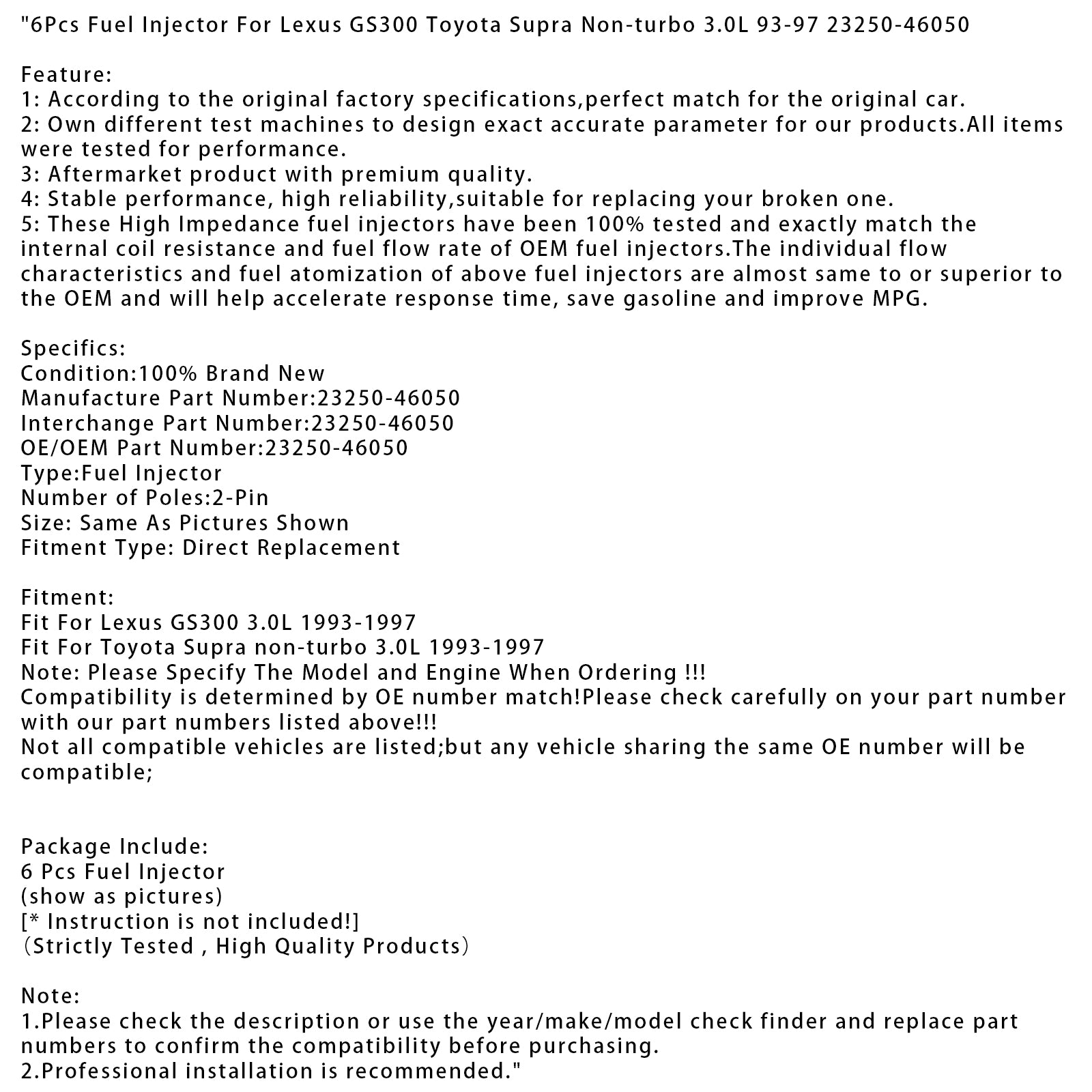 6Pcs Fuel Injector For Lexus GS300 Toyota Supra Non-turbo 3.0L 93-97 23250-46050