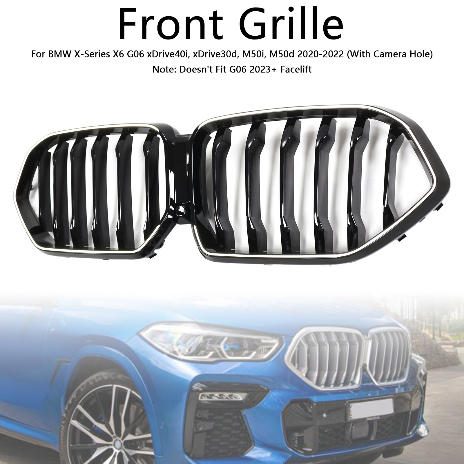 2020-2022 BMW X6 G06 M50i W/Camera Hole Black Front Bumper Grille Grill