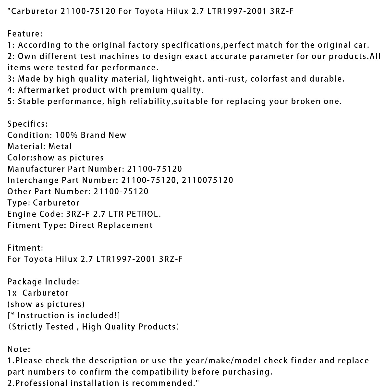 1997-2001 Toyota Hilux 2.7 Carburador 21100-75120 LTR 3RZ-F