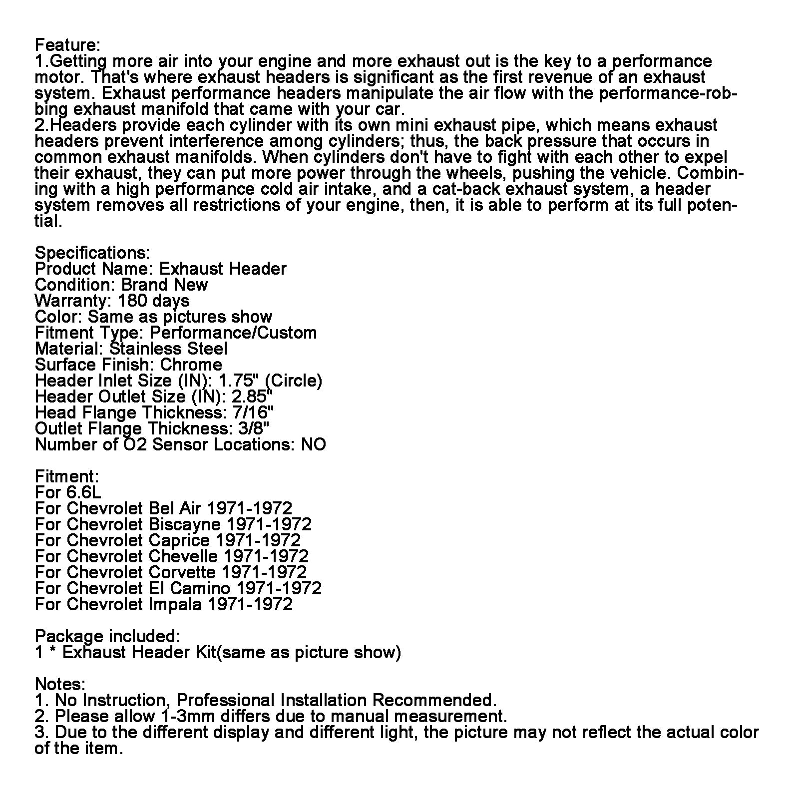 Cabeçalhos de curto de escape FIT CHEVY BEL AIR 1971-1972 FIT BISCAYNE 6.6L