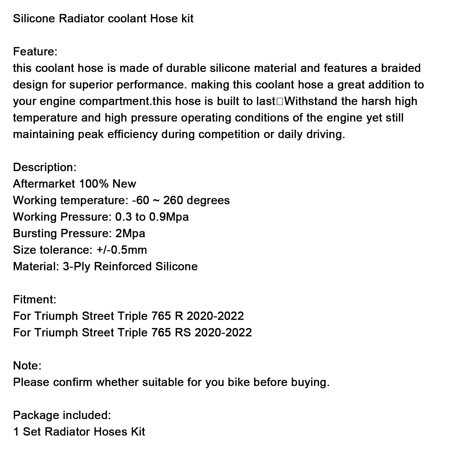 2020-2022 Street Triple 765 R RS Silikon Radiatorkylvätsket Slange Kit