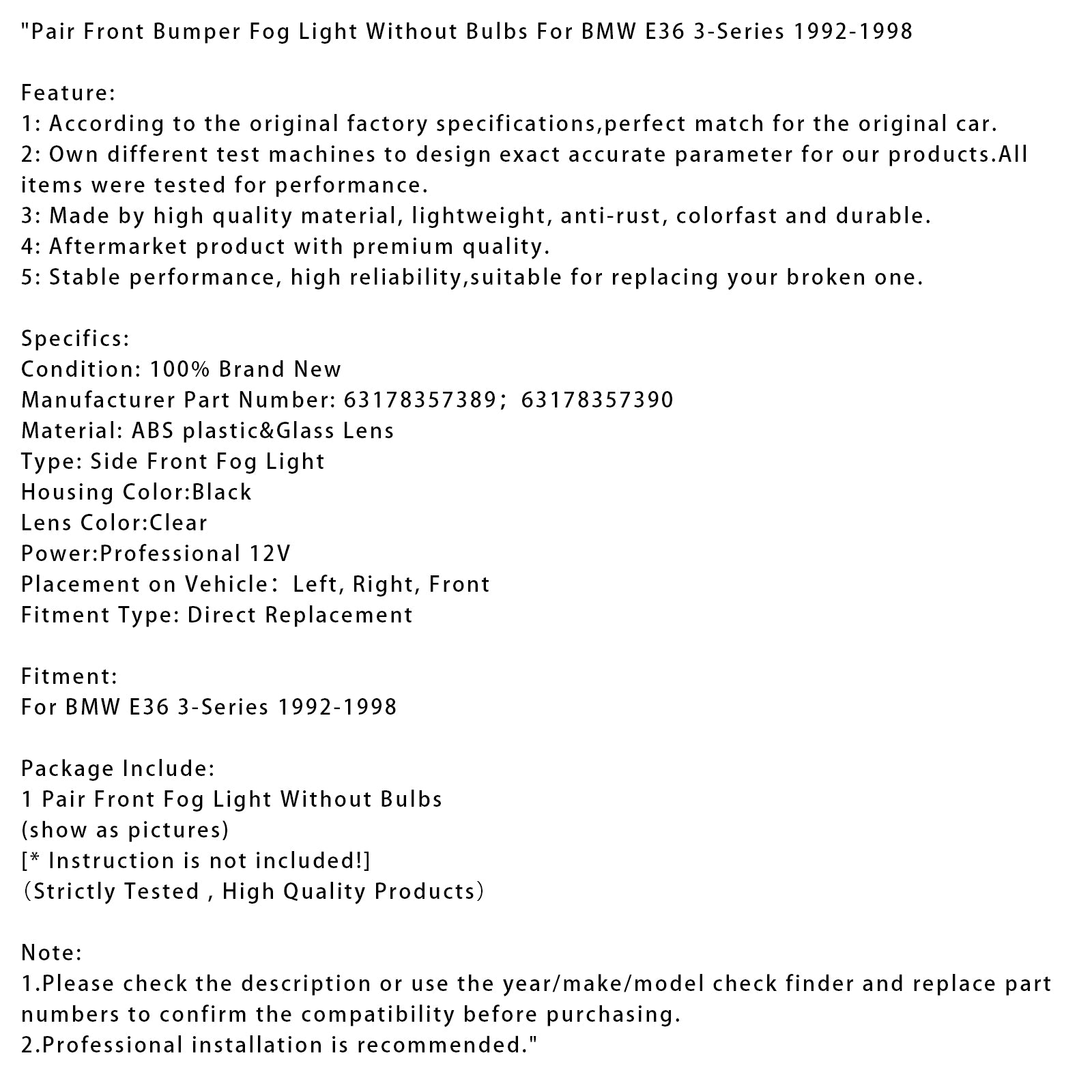 1992-1998 BMW E36 3-Series Pair Front Bumper Fog Light Without Bulbs