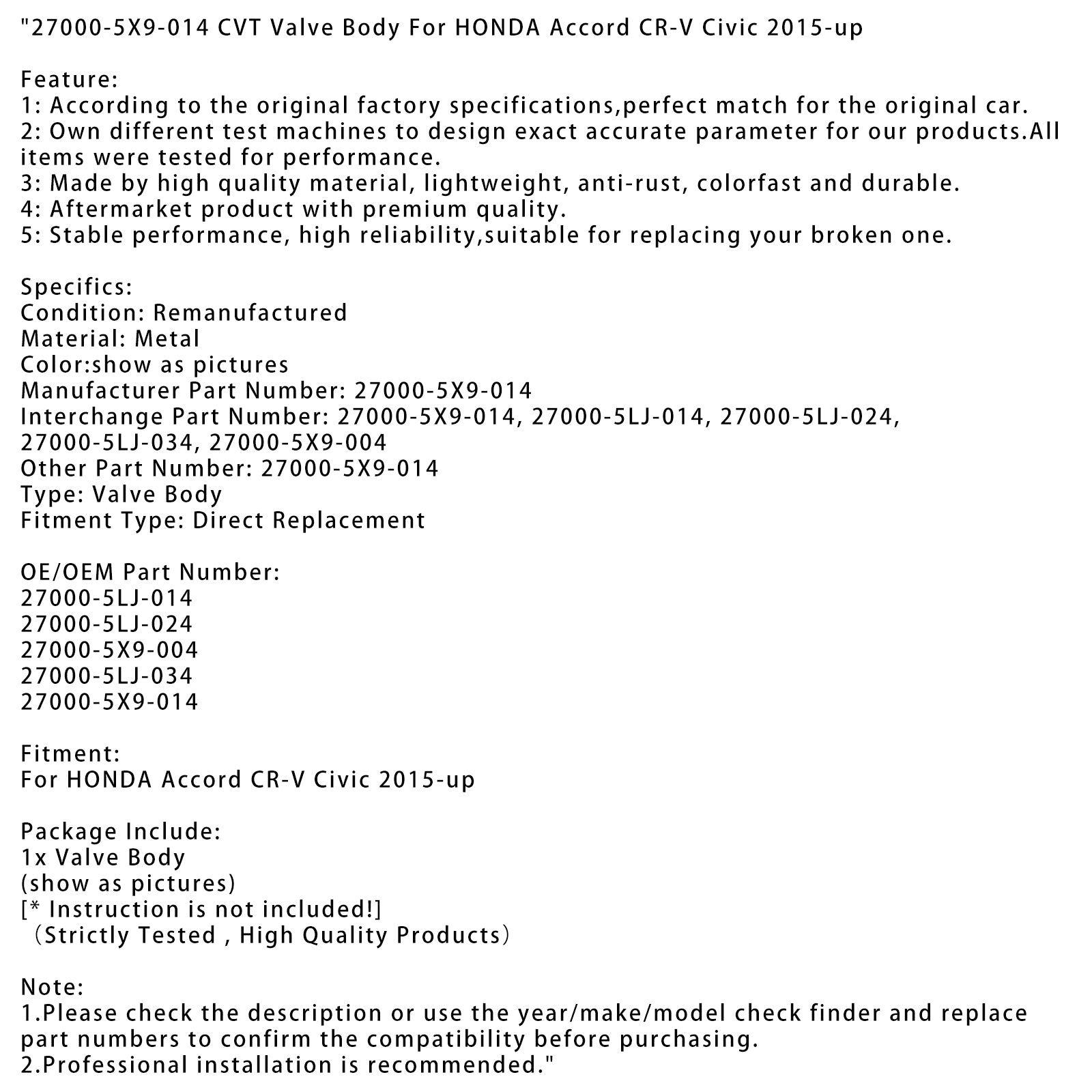 2015-up HONDA Accord CR-V Civic CVT Valve Body 27000-5X9-014