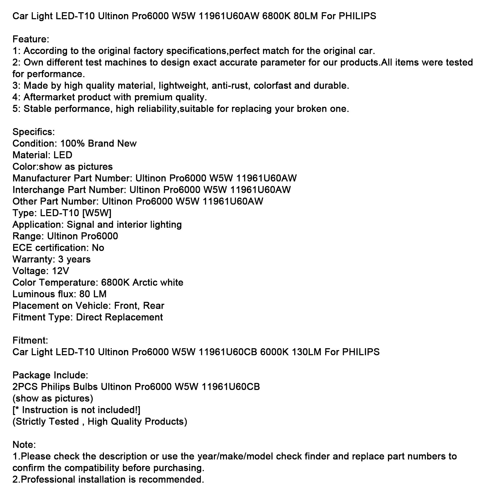 Automobilové LED svetlo T10 Ultinon Pro6000 W5W 11961U60AW 6800K 80LM Pre PHILIPS