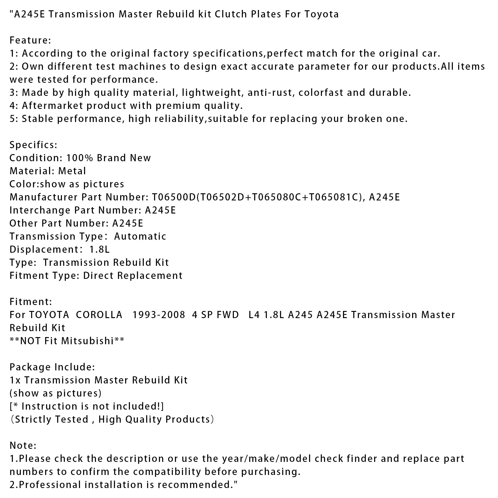 1993-2008 Toyota Corolla 4 SP FWD L4 1.8L A245E Transmissão Mestre Rebuild Kit Placas de embreagem