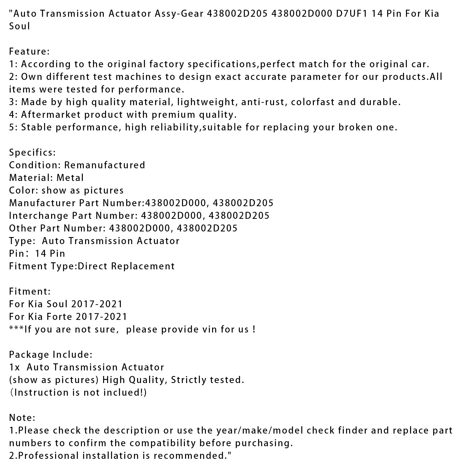 2017-2021 Kia Forte Automatische Transmissie Actuator Assy-Gear D7UF1 14 Pin 438002D205 438002D000