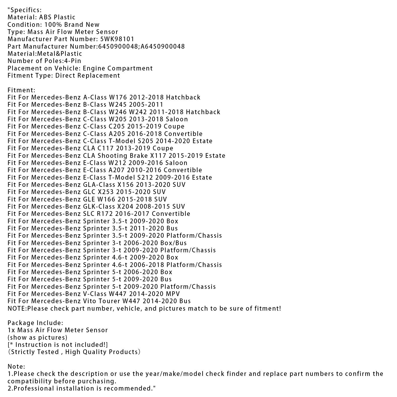 Capteur de débitmètre d'air massique pour Mercedes-Benz W205 W176 GLC X253 5WK98101