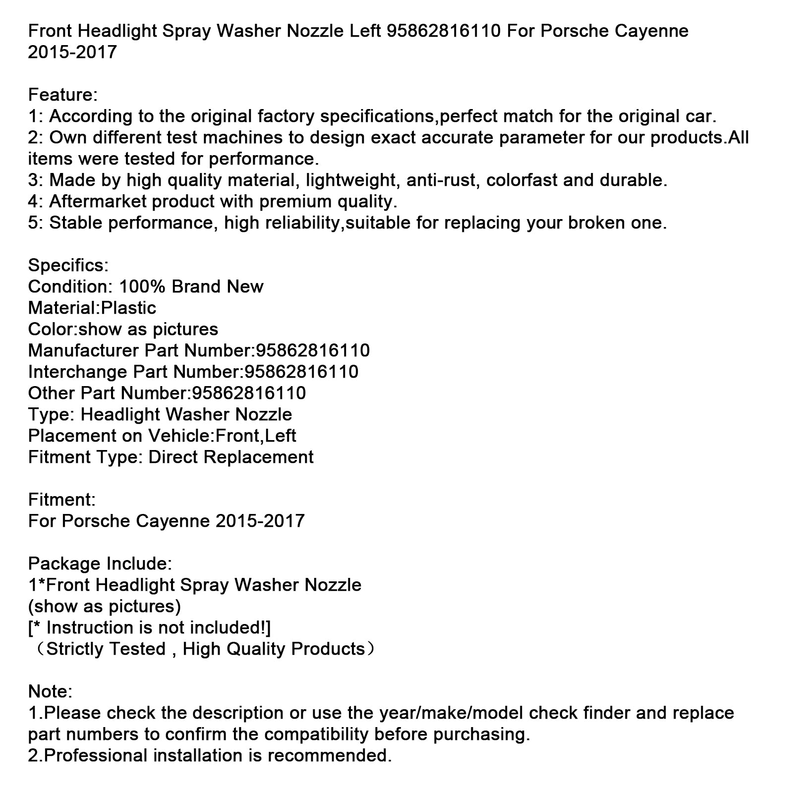2015-2017 Porsche Cayenne Front Headlight Spray Washer Nozzle Left 95862816110