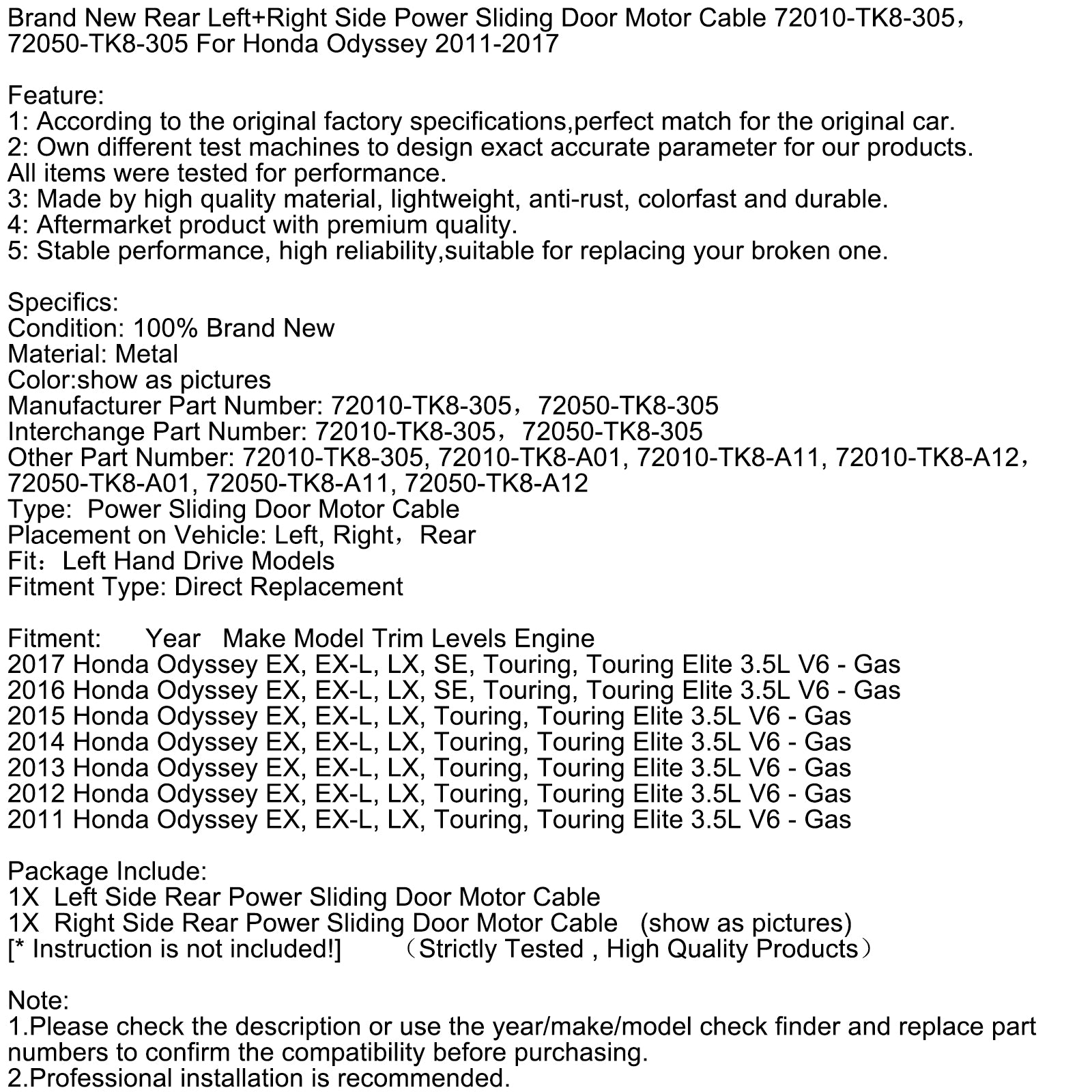 2011-2017 Honda Odyssey nuevo cable de motor de puerta corredera trasera izquierda+derecha