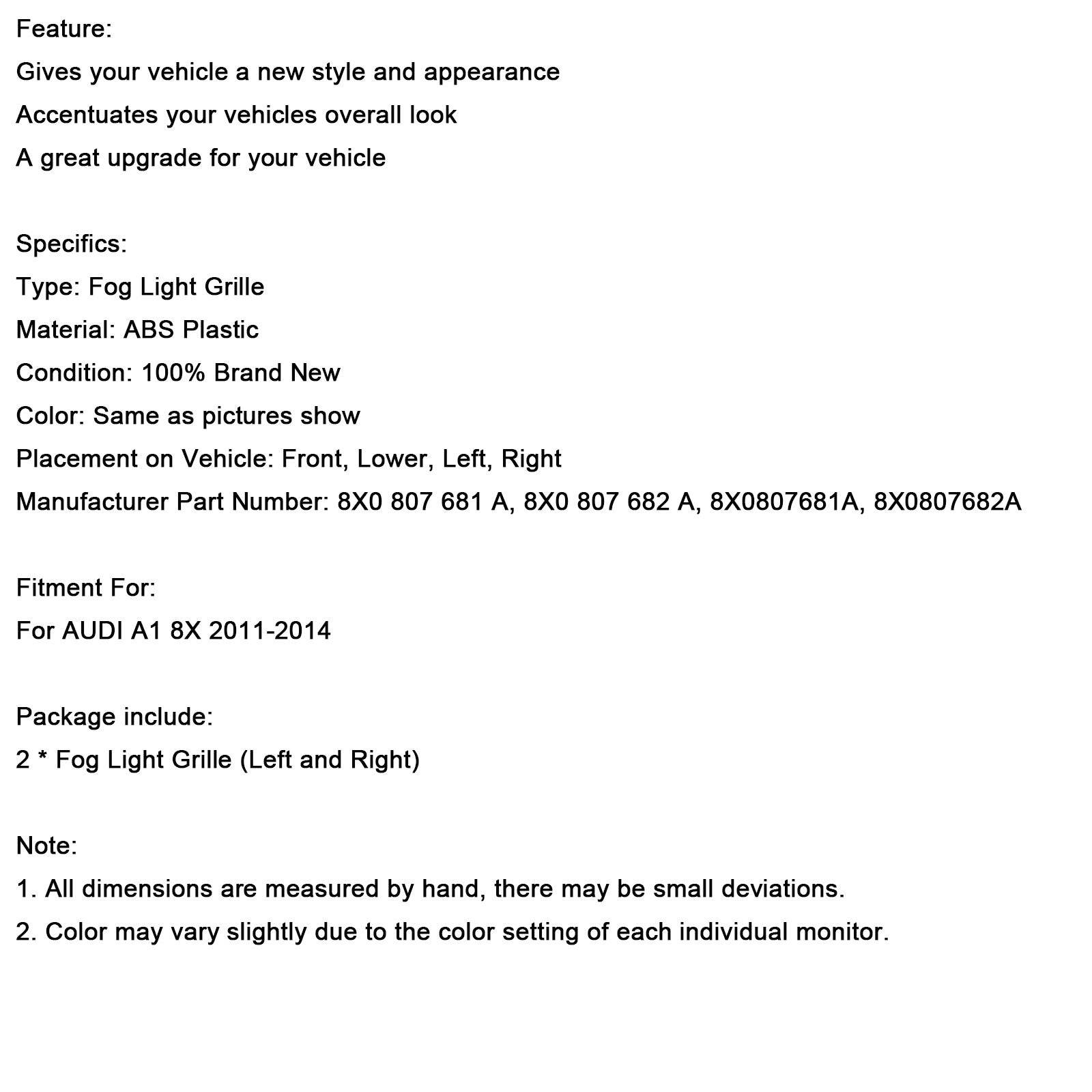 2011-2014 Audi A1 8X 2 STUKS Mistlamp Grille Voorbumper Grill Cover