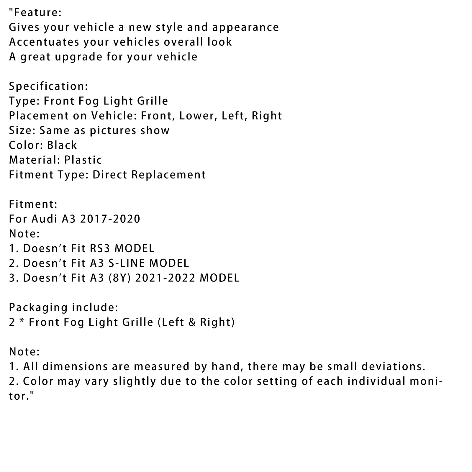 2017-20202020 AUDI A3 Bumper Grill Fog Light Cover Lemp Frame Trim