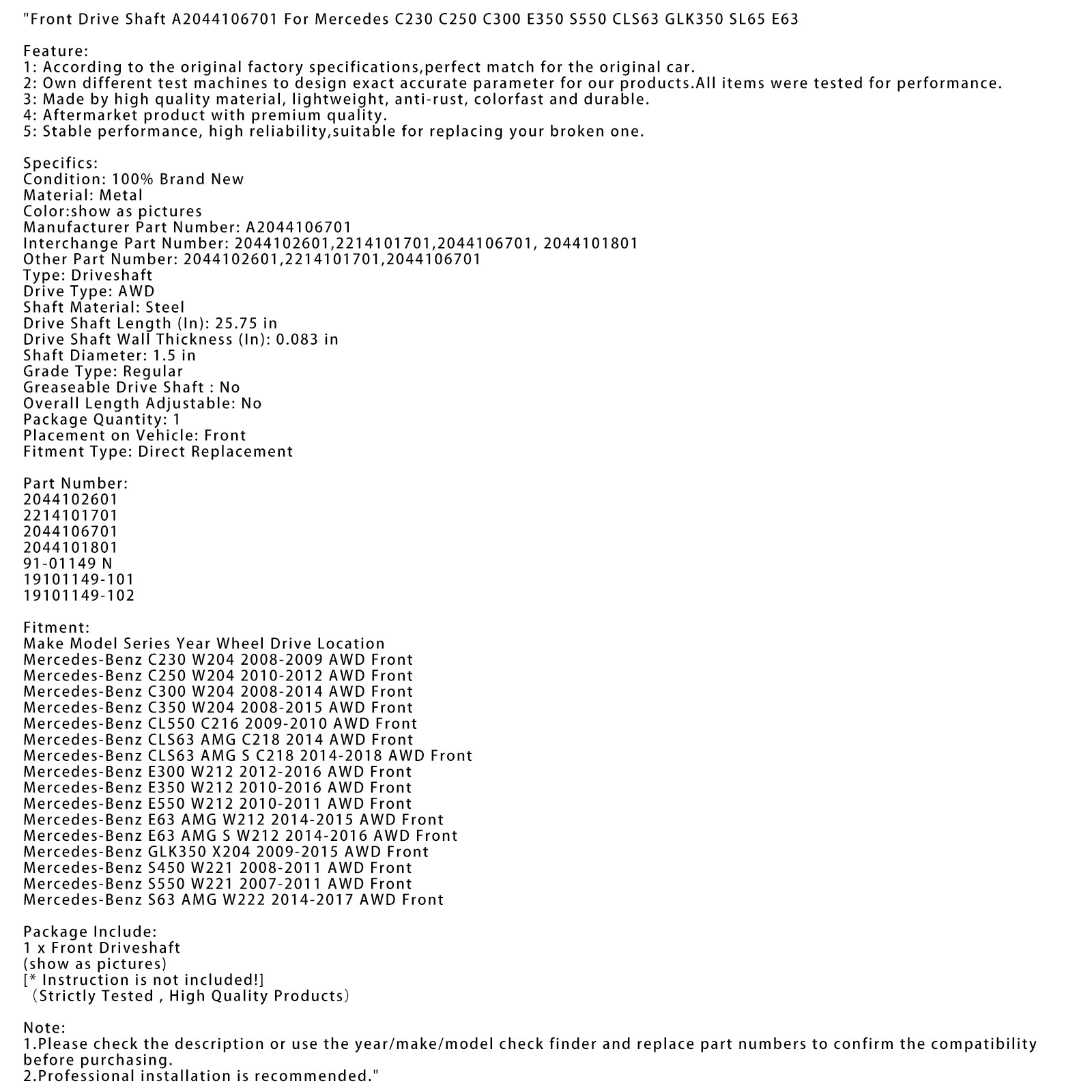 Mercedes-Benz C350 uit 2008-2015 W204 AWD Voorste aandrijfas A2044106701 2044102601