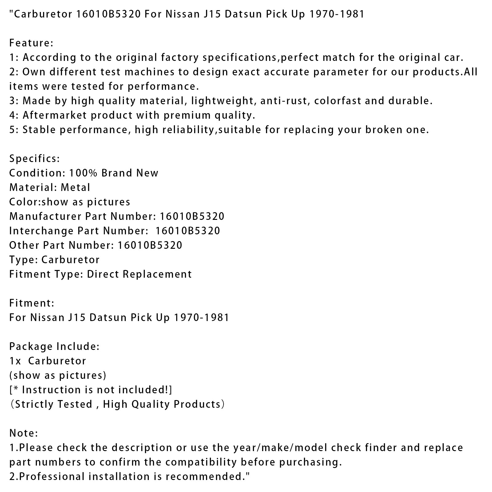 Carburador 16010B5320 para Nissan J15 Datsun Pick Up 1970-1981