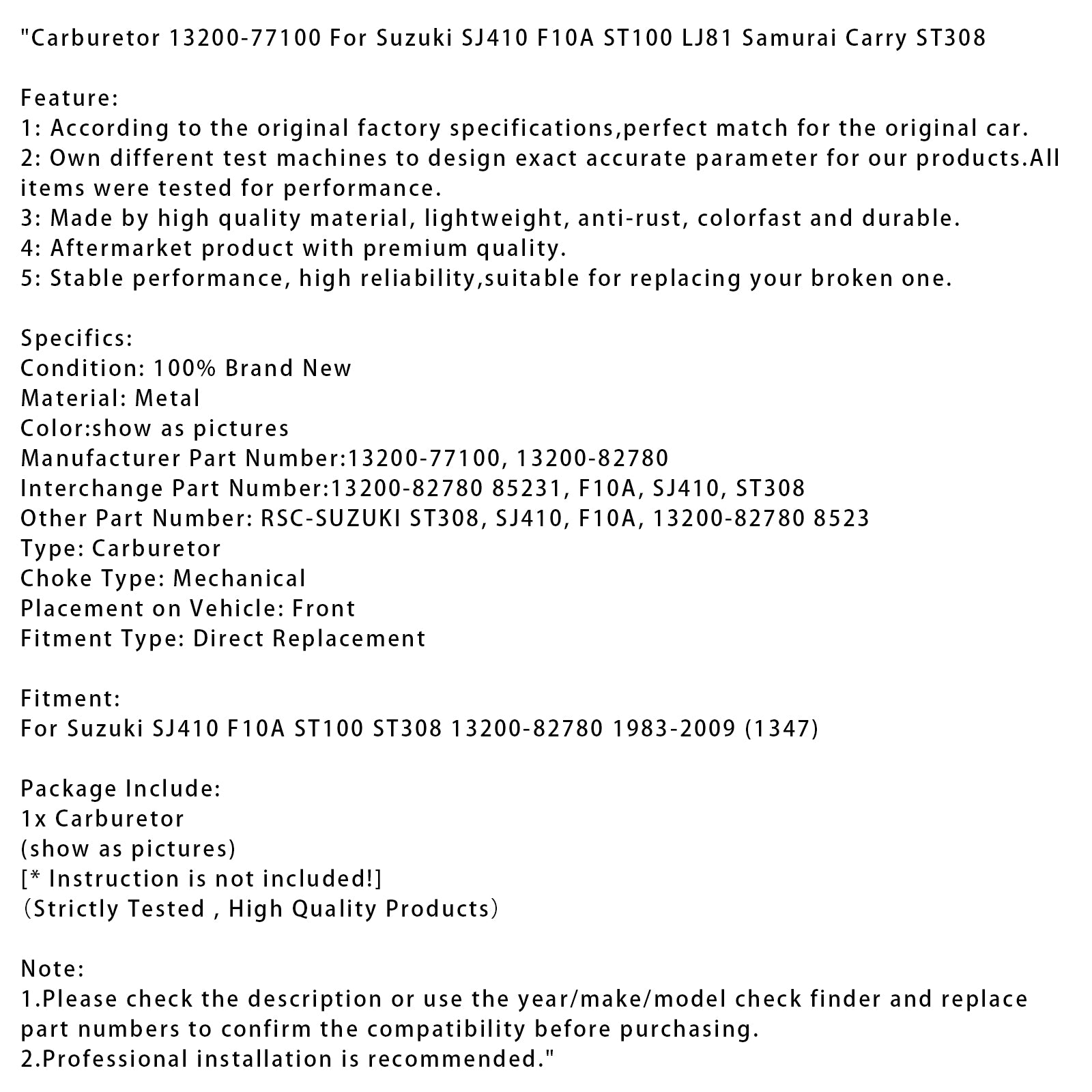 1983-2009 Suzuki SJ410 F10A Carburetor ST100 ST308 13200-82780 13200-77100 (1347)