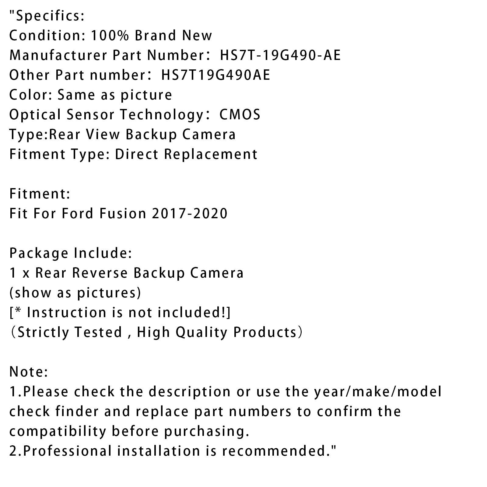 2017-2020 Ford Fusion Rear Reverse Backup Camera Park Assist HS7T-19G490-AE