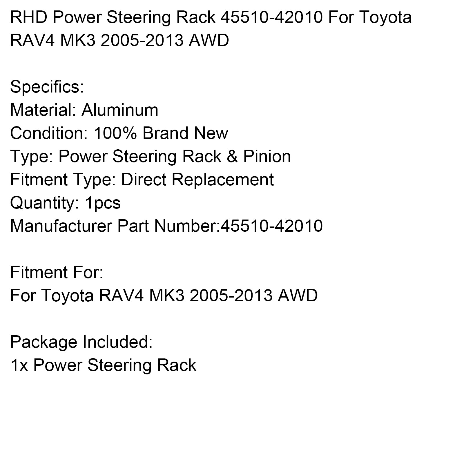 2005-2013 Toyota RAV4 MK3 AWD RHD Power Direction Rack 45510-42010