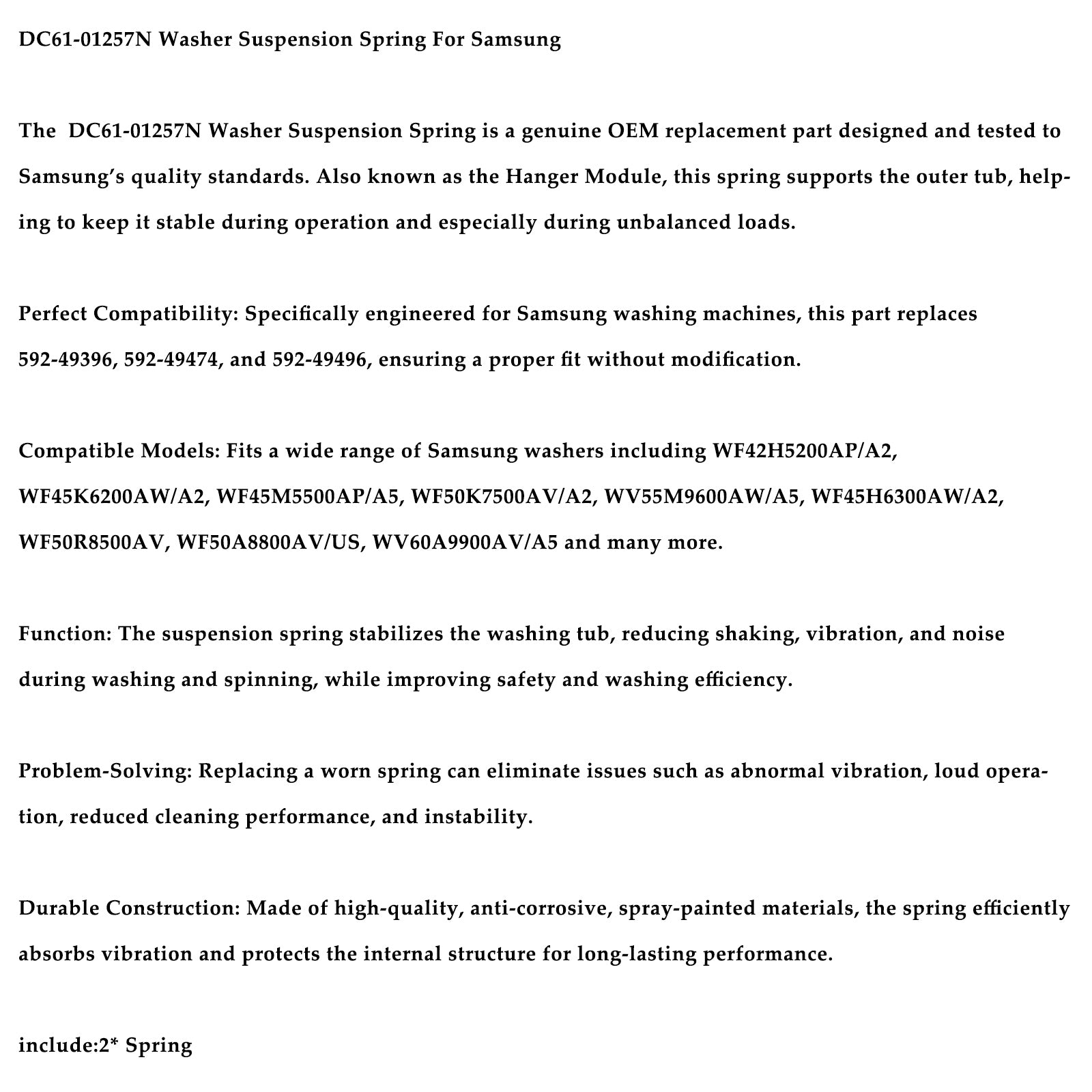 2PC DC61-01257N Washer Suspension Spring For Samsung Replaces 592-49396 592-49474