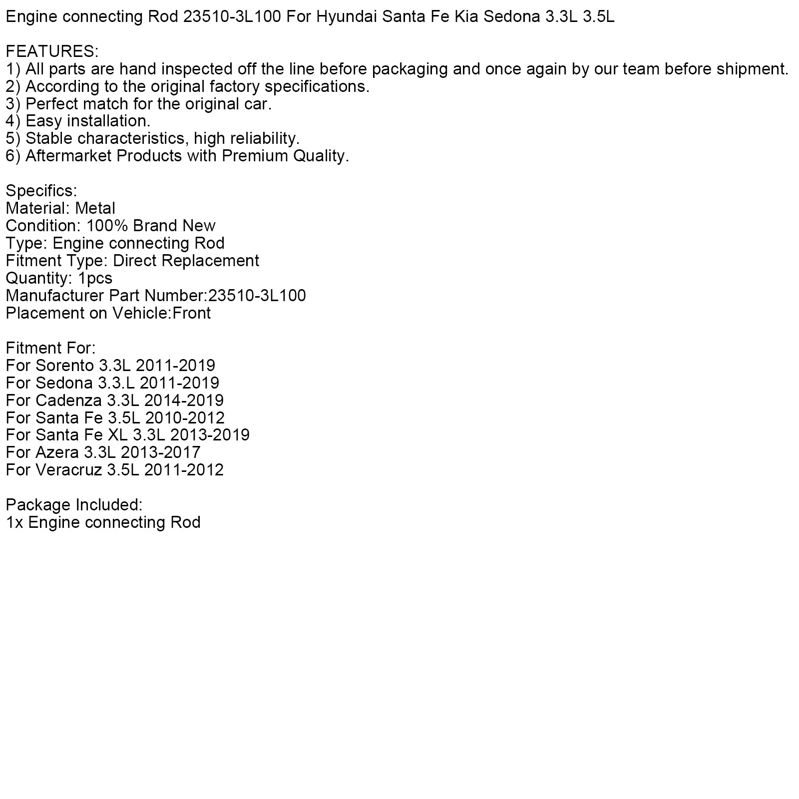 Bielle moteur 23510-3L100 pour Hyundai Santa Fe Kia Sedona 3,3l 3,5l