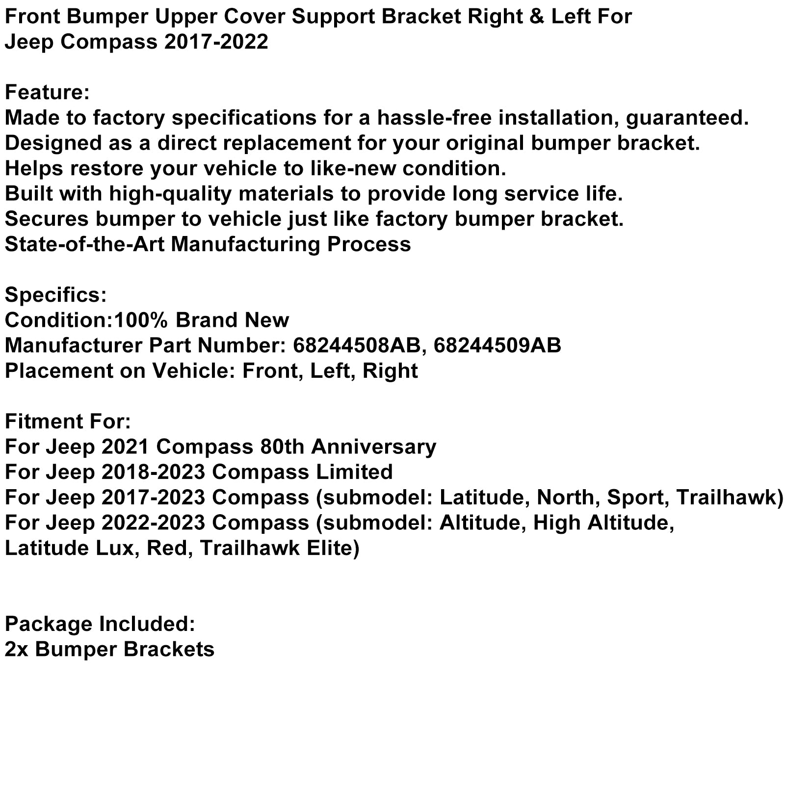 Suporte da tampa superior do para-choque dianteiro direito & Esquerda Adequado para Jeep Compass 2017-2022