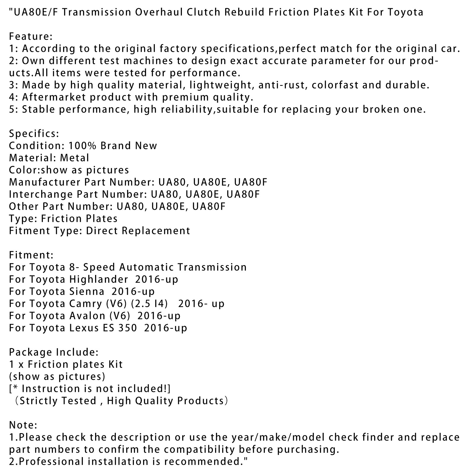 2016-up Toyota Highlander Transmission Overhaul Clutch Rebuild Friction Plates Kit UA80E/F