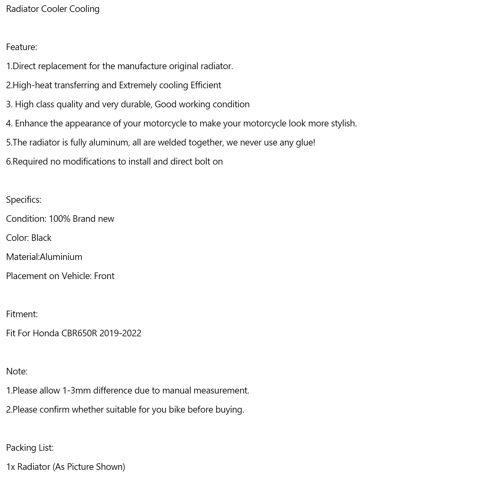 2019-2022 Honda CBR650R Aluminium Motor Radiator kjøligere kjøling