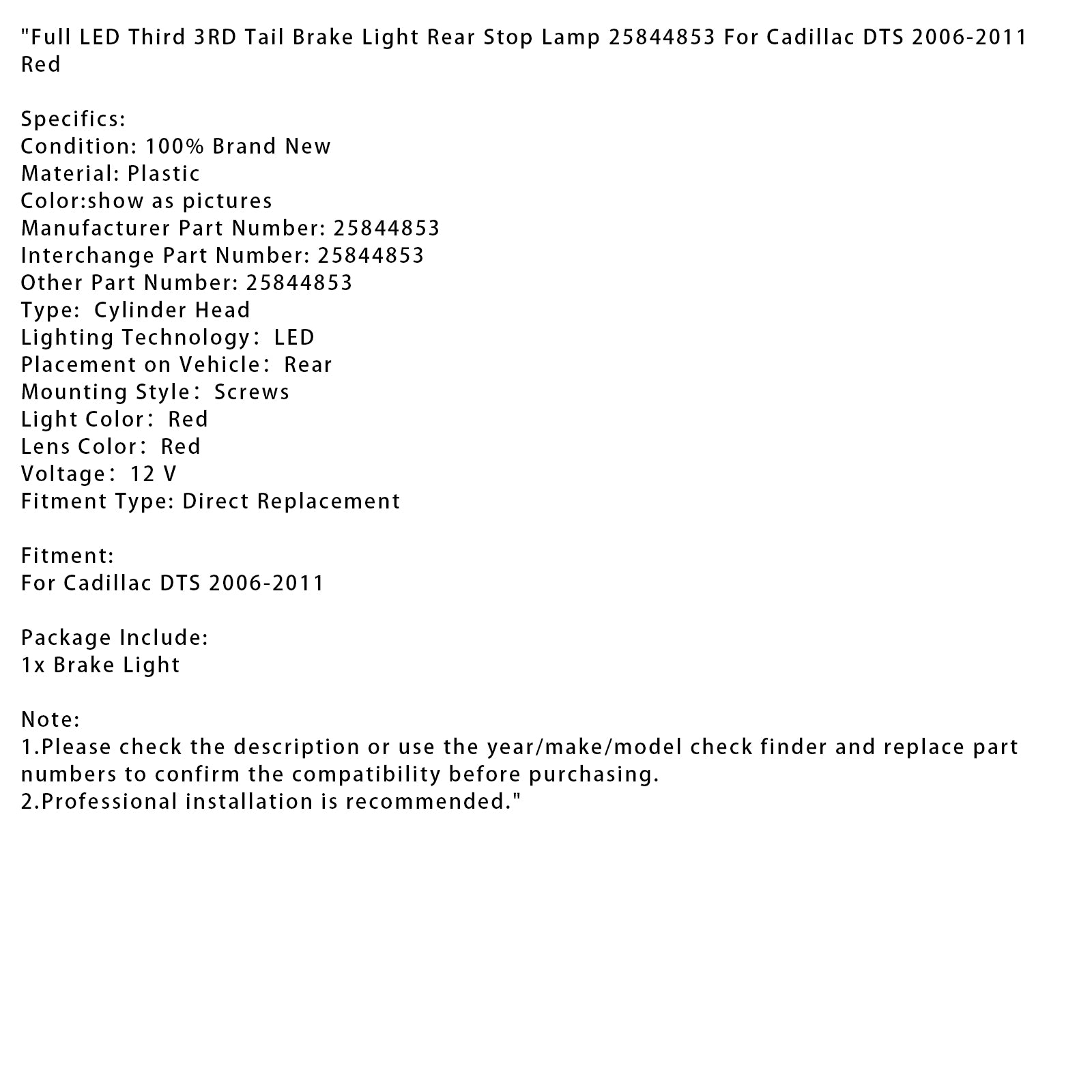 2006-2011 Cadillac DTS Full LED derde 3e achterremlicht achterremlicht rood 25844853