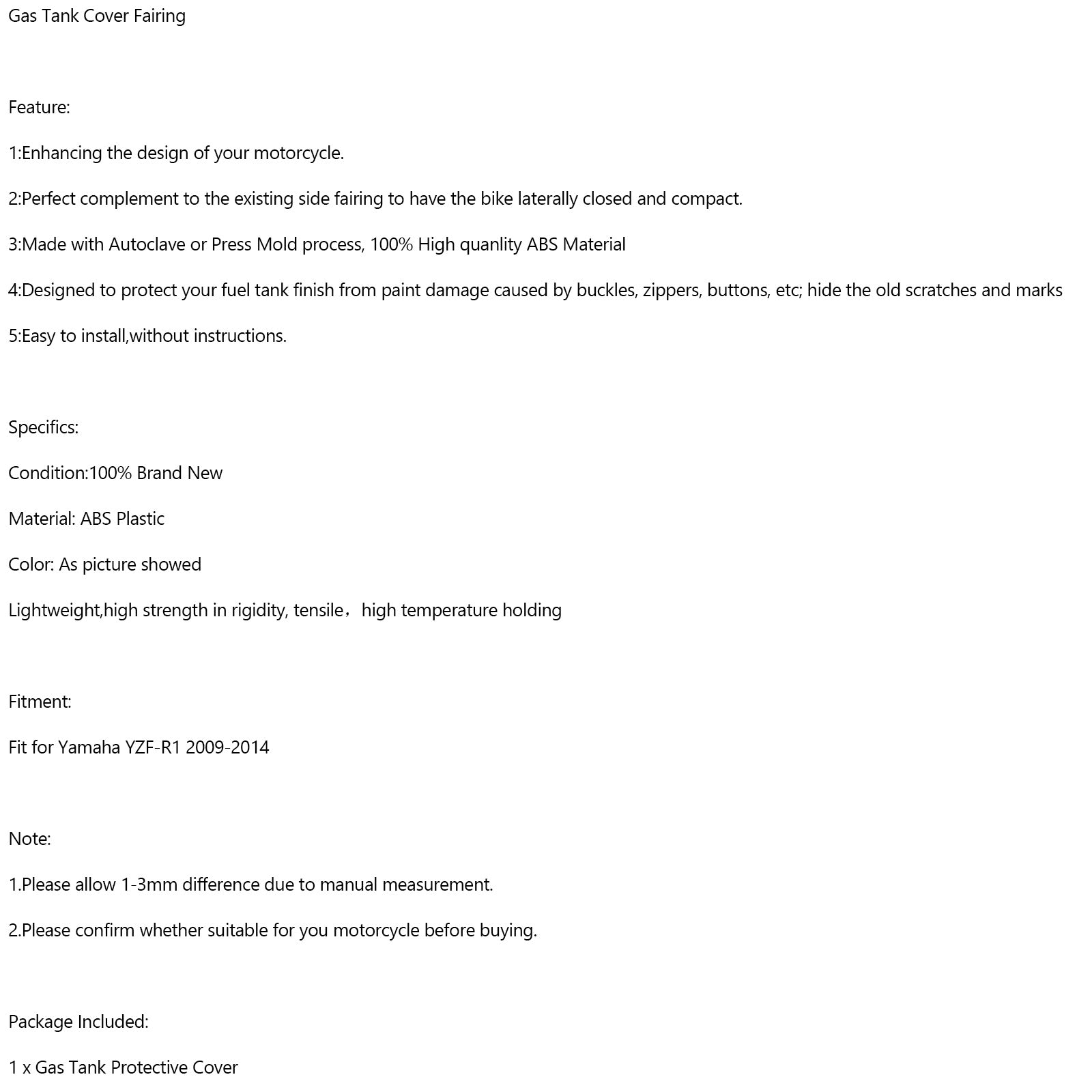 Protecteur de carénage de panneau de couvercle de réservoir de gaz en carbone Yamaha YZF-R1 2009 – 2014