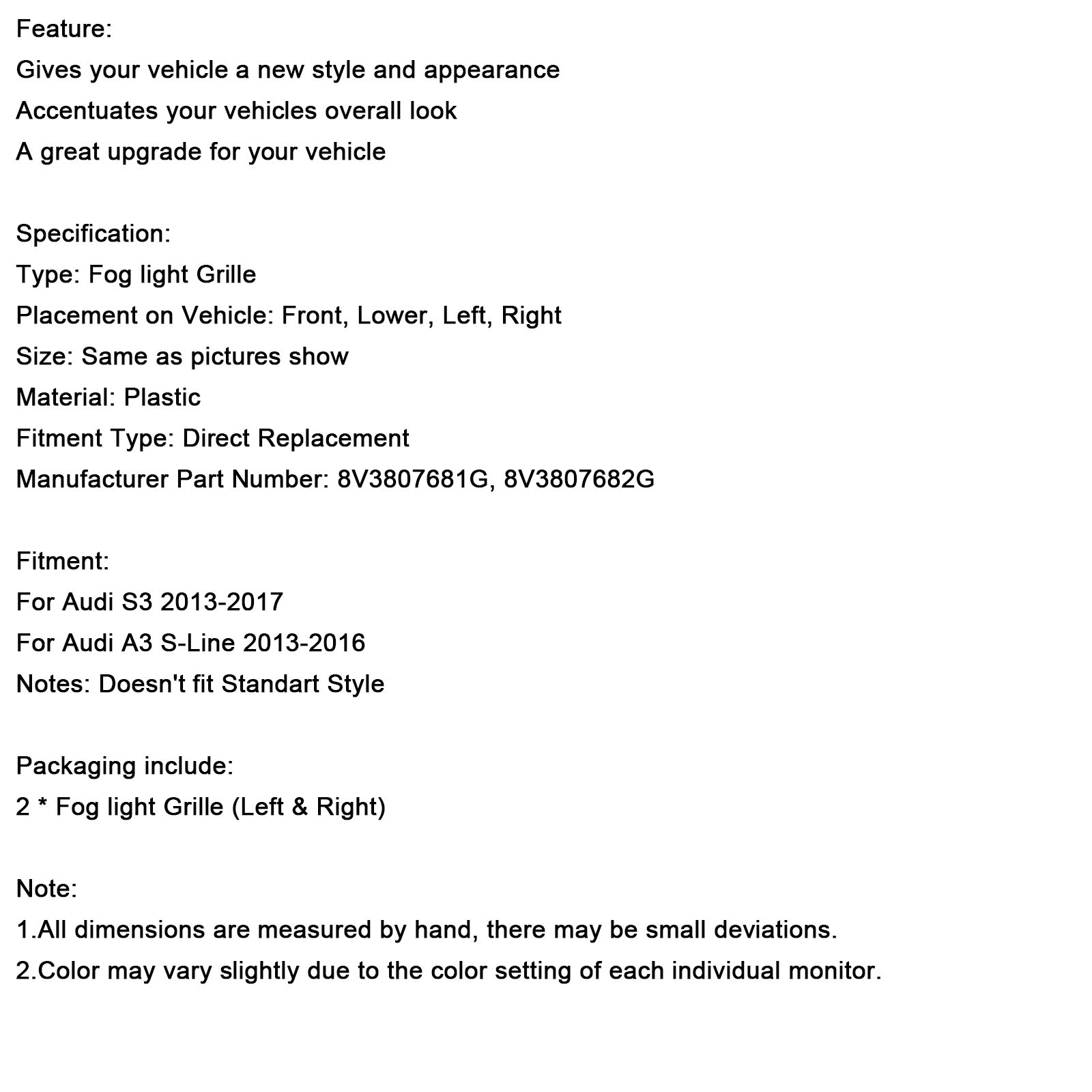 2013-2016 AUDI A3 S3 S-Line Front Lower Bumper Fog Light Cover Grille