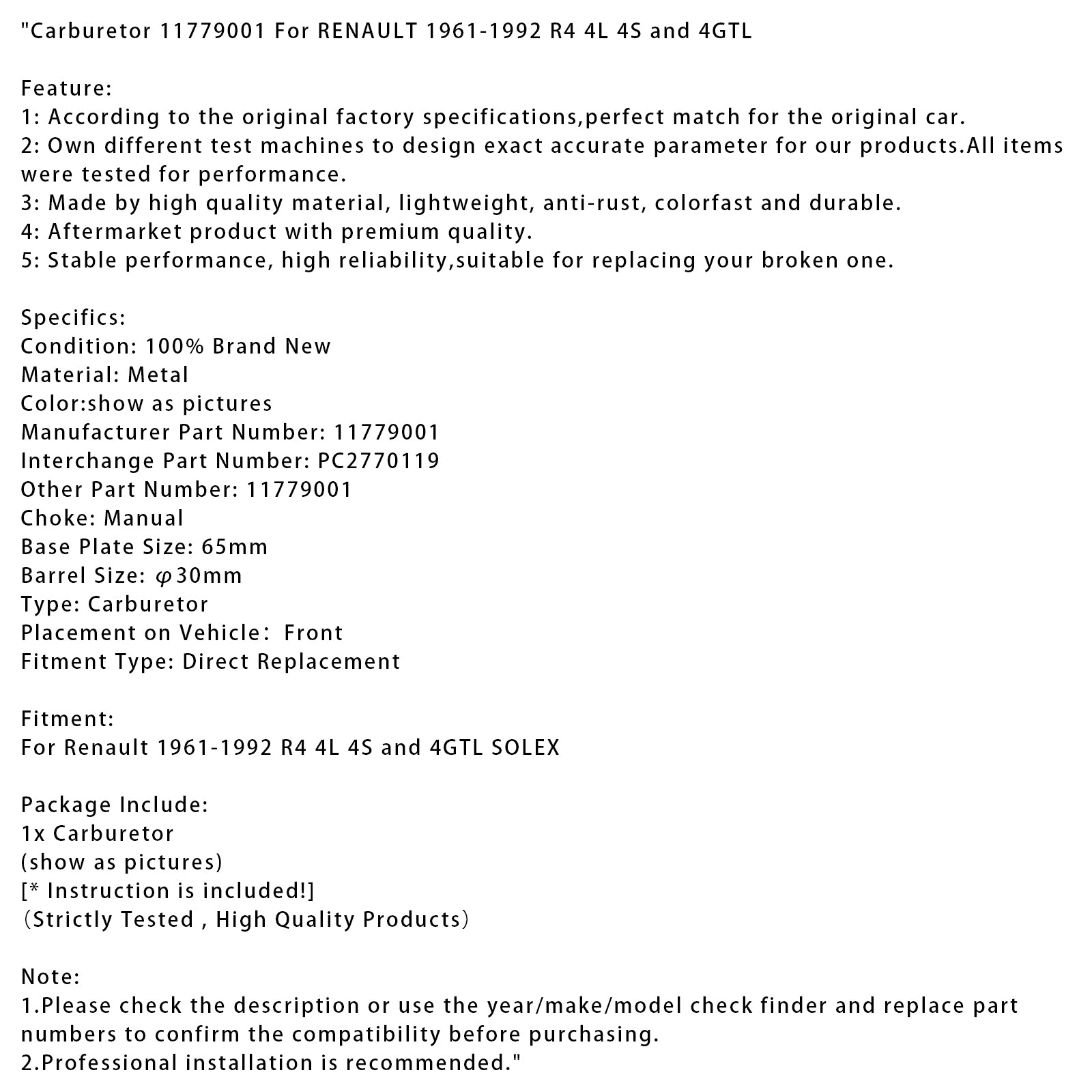 1961-1992 RENAULT R4 4L 4S en 4GTLCarburateur 11779001 PC2770119