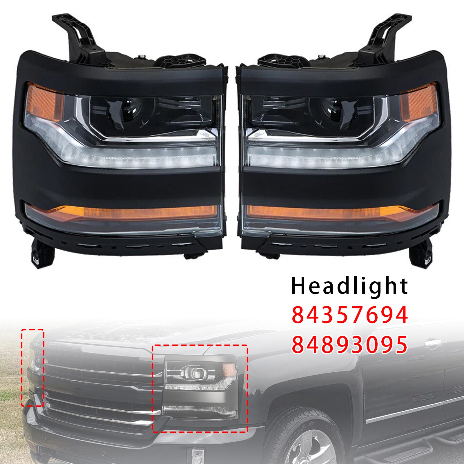2016-2019 For Chevy Silverado 1500 Left+Right LED Headlight Gloss Black 84357696 84893098