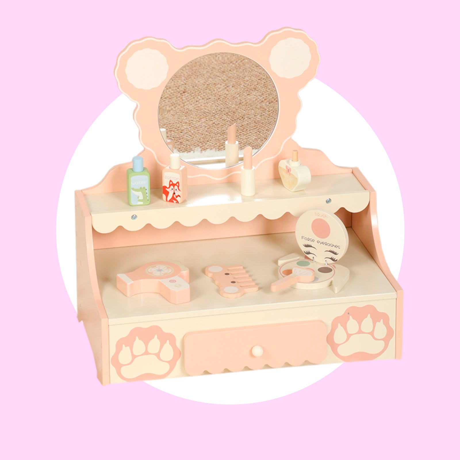 Vanité de princesse pour enfants de 3 ans et plus, bureau de jeu de simulation avec 8 accessoires de maquillage, ensemble de vanité pour enfants avec tiroir de rangement, table de maquillage pour petites filles avec miroir