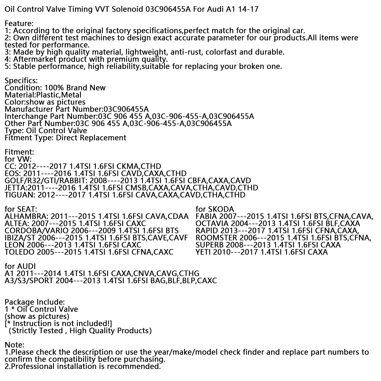 Solénoïde VVT VVT VVT 03C906455A pour Audi A1 14-17