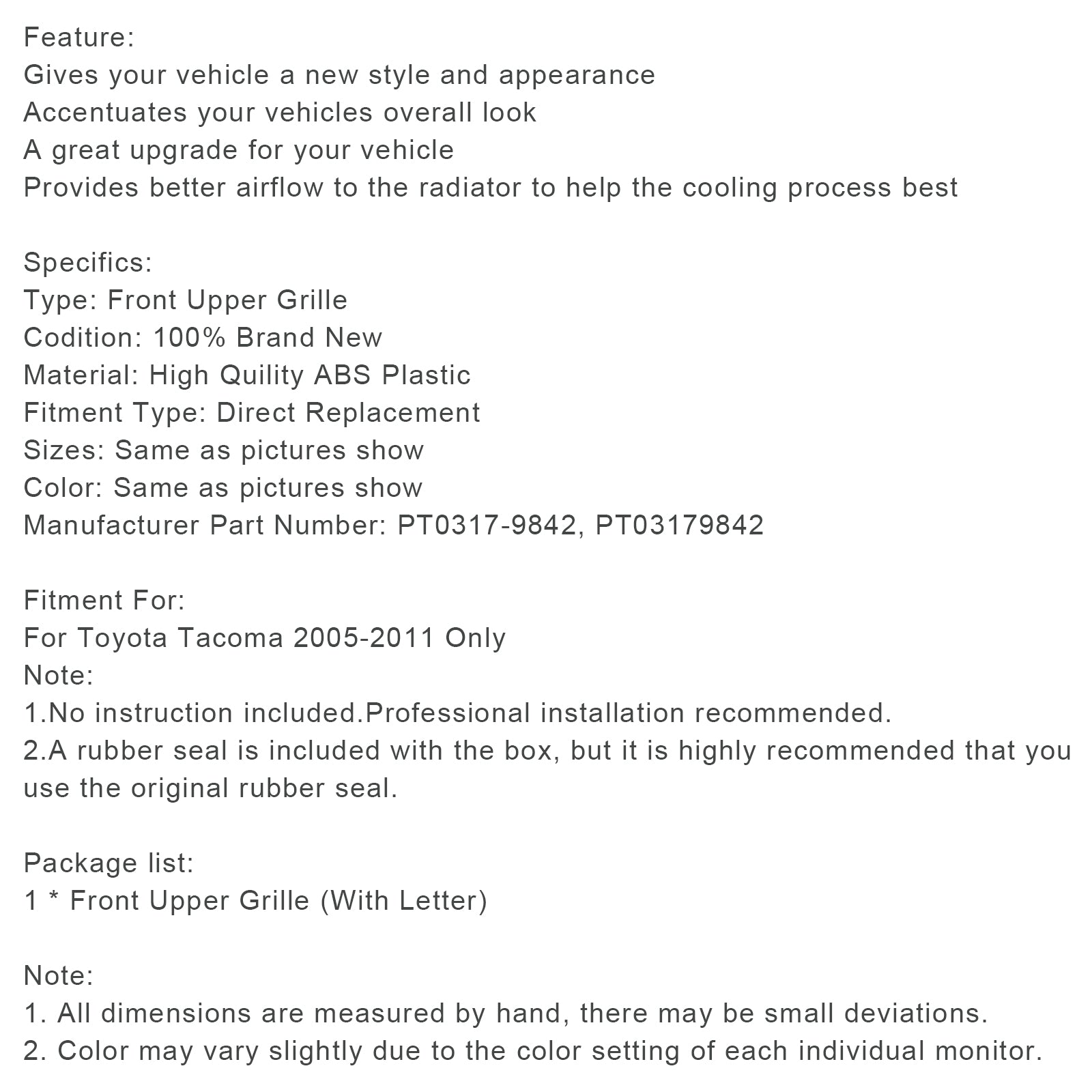 Matte Black Front Bumper Grille Grill Fit Toyota Tacoma 2005-2011 W/LED