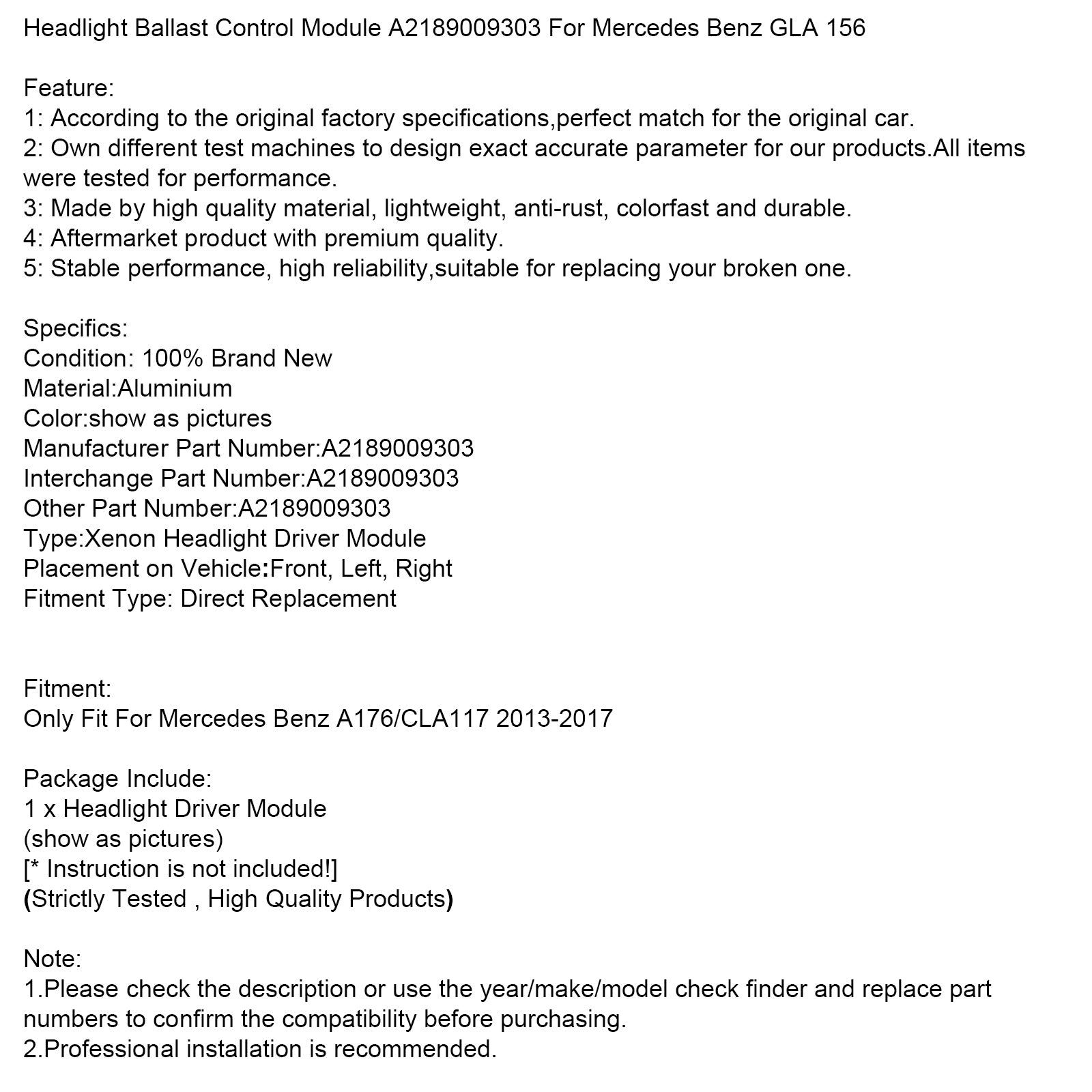 Headlight Ballast Control Module A2189009303 For Mercedes Benz A176/CLA117