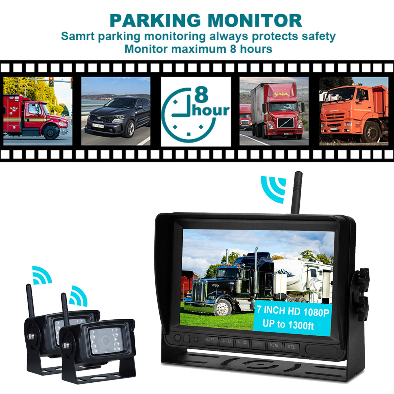 7" AHD 1080P draadloze 2CH achteruitrijcamera-kit voor vrachtwagentrailers