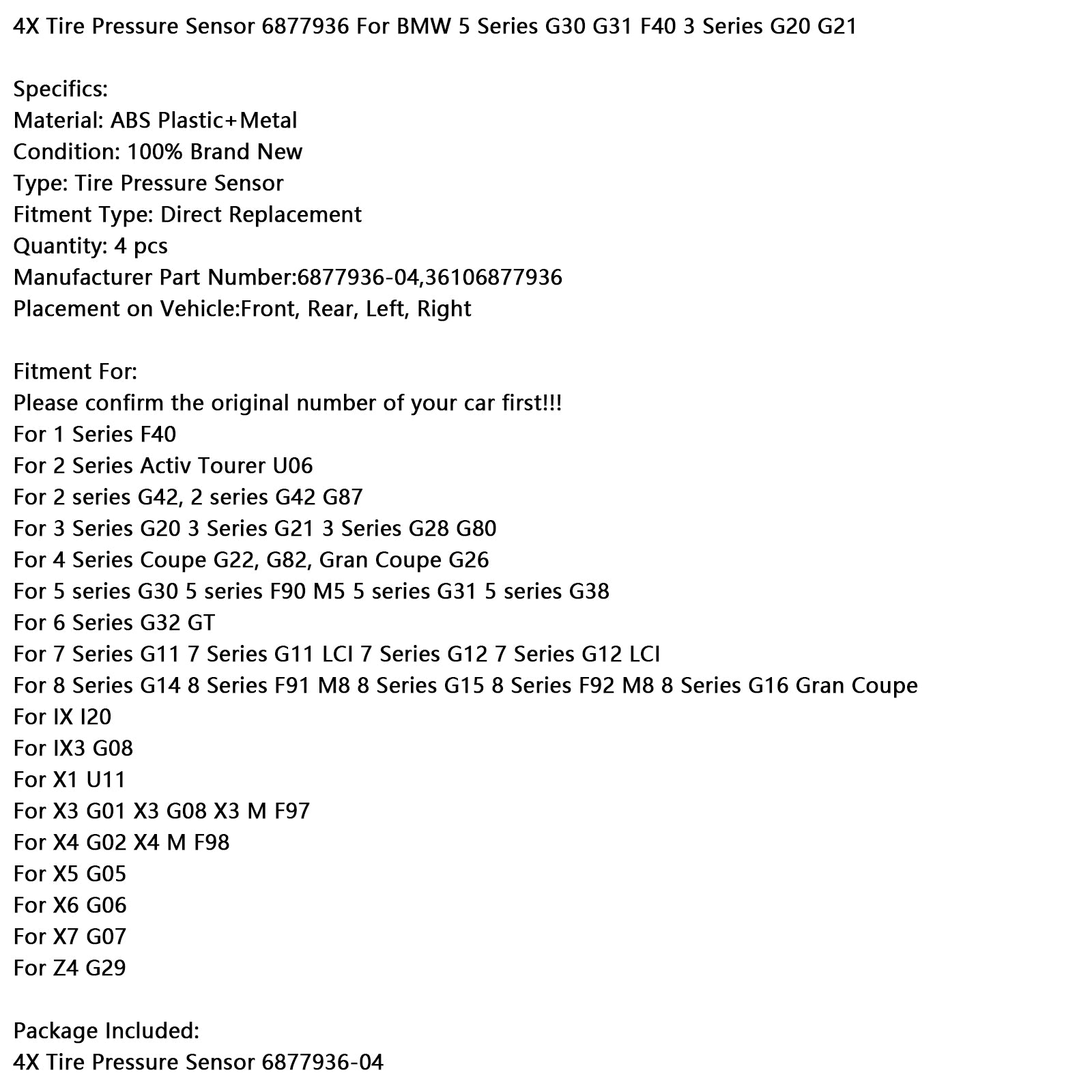 4X Sensor de presión de neumáticos 6877936 para BMW Serie 5 G30 G31 F40 Serie 3 G20 G21