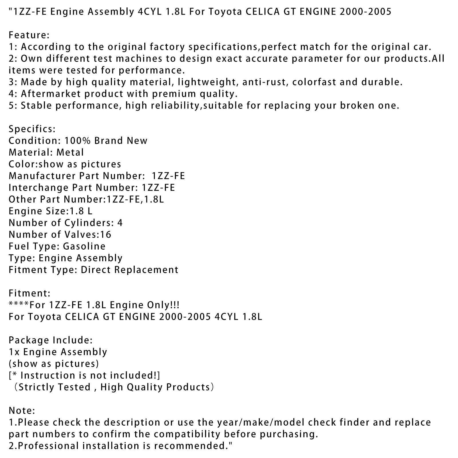 2000-2005 TOYOTA CELICA GT MOTOR 1ZZ-FE MOTOR DO MOTOR 4CYL 1.8L