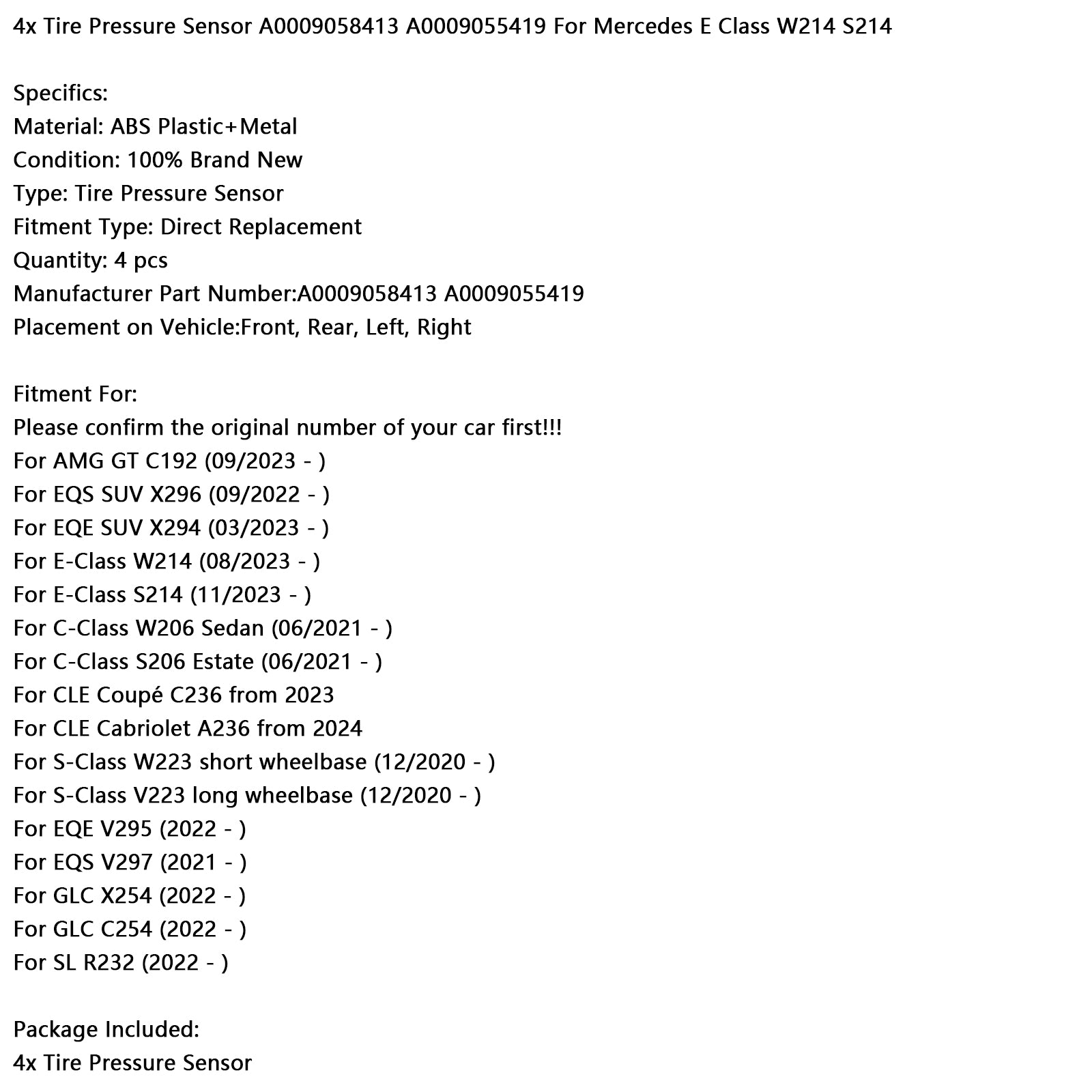 4x senzor tlaku v pneumatikách A0009058413 A0009055419 pre Mercedes triedy E W214 S214