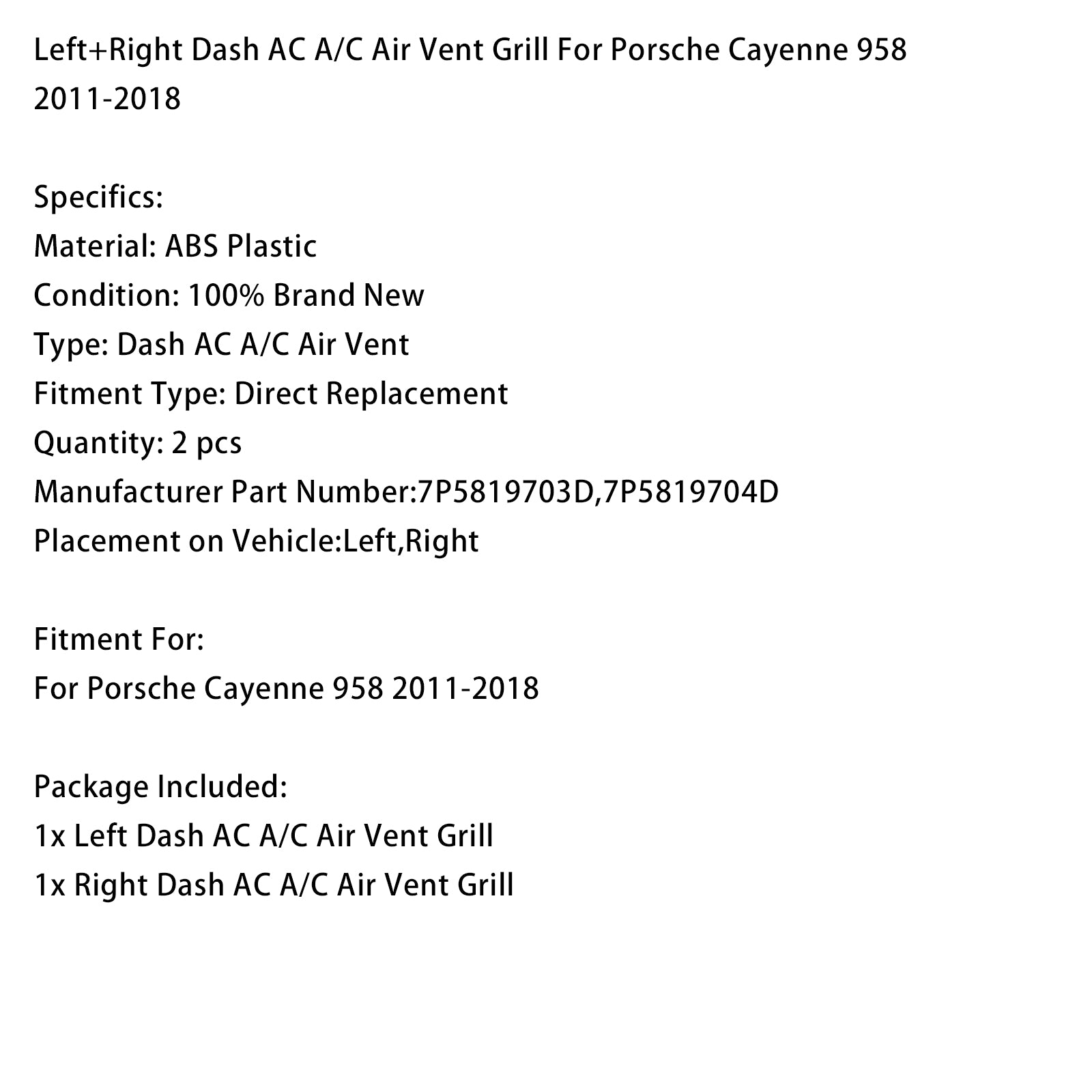 2011-2018 Porsche Cayenne 958 Left+Right Dash AC A/C Air Vent Grill